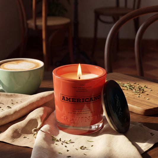 Rewined Barista Americano candle, 10 oz, lit
