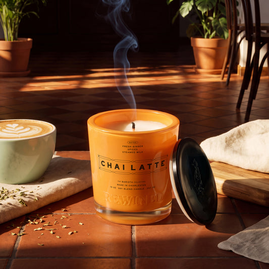 Rewined Barista Chai Latte candle, 10 oz, lit
