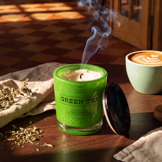 Rewined Barista Green Tea candle, 10 oz, lit