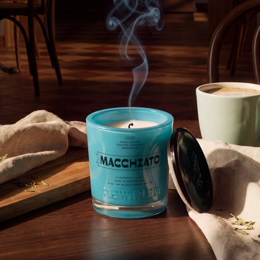 Rewined Barista Macchiato candle, 10 oz, lit