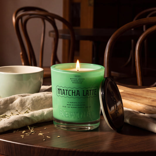 Rewined Barista Matcha Latte candle, 10 oz, lit