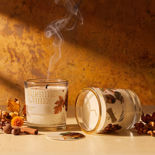 Rewined Harvest Burning Of The Vines candle, 10 oz, lit