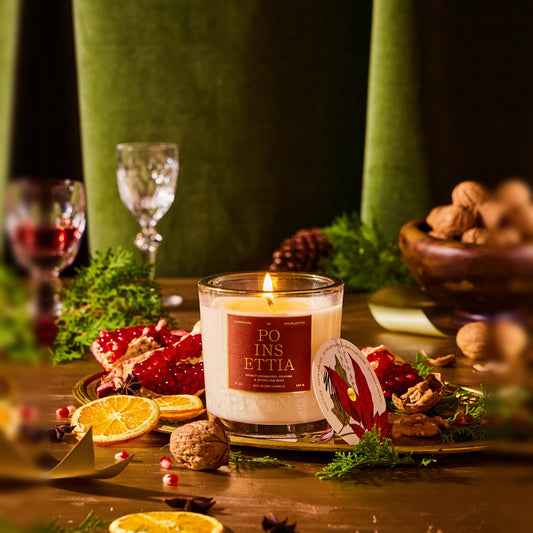 Rewined Poinsettia holiday candle, lit