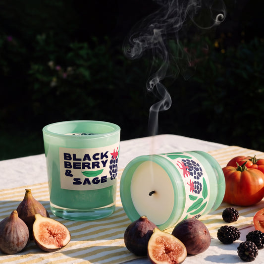 Rewined Market Blackberry & Sage 10 oz candle, lit