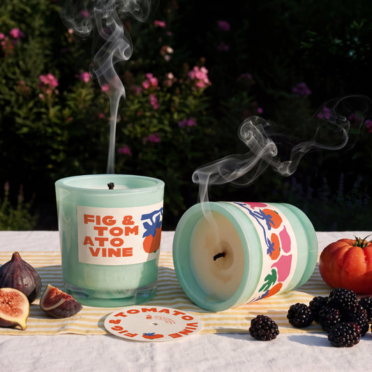 Rewined Market Fig & Tomato Vine 10 oz candle, lit
