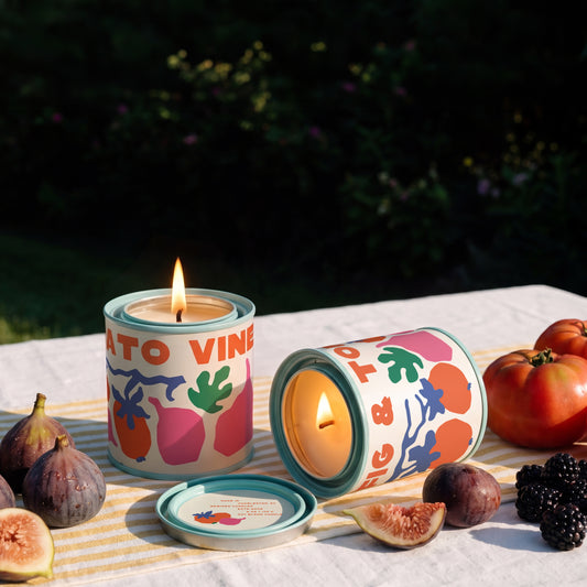 Rewined Market Fig & Tomato Vine 6 oz candle, lit