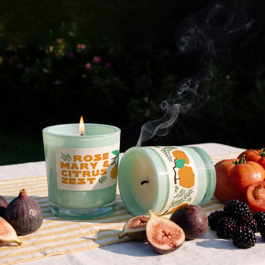 Rewined Market Rosemary & Citrus Zest 10 oz candle, lit