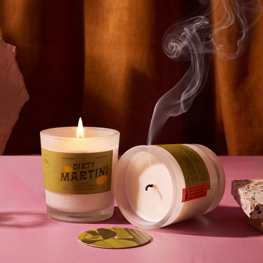 Rewined Martini Dirty Martini candle, 10 oz, lit