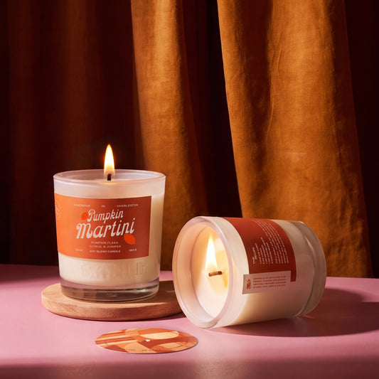 Rewined Martini Pumpkin Martini candle, 10 oz, lit
